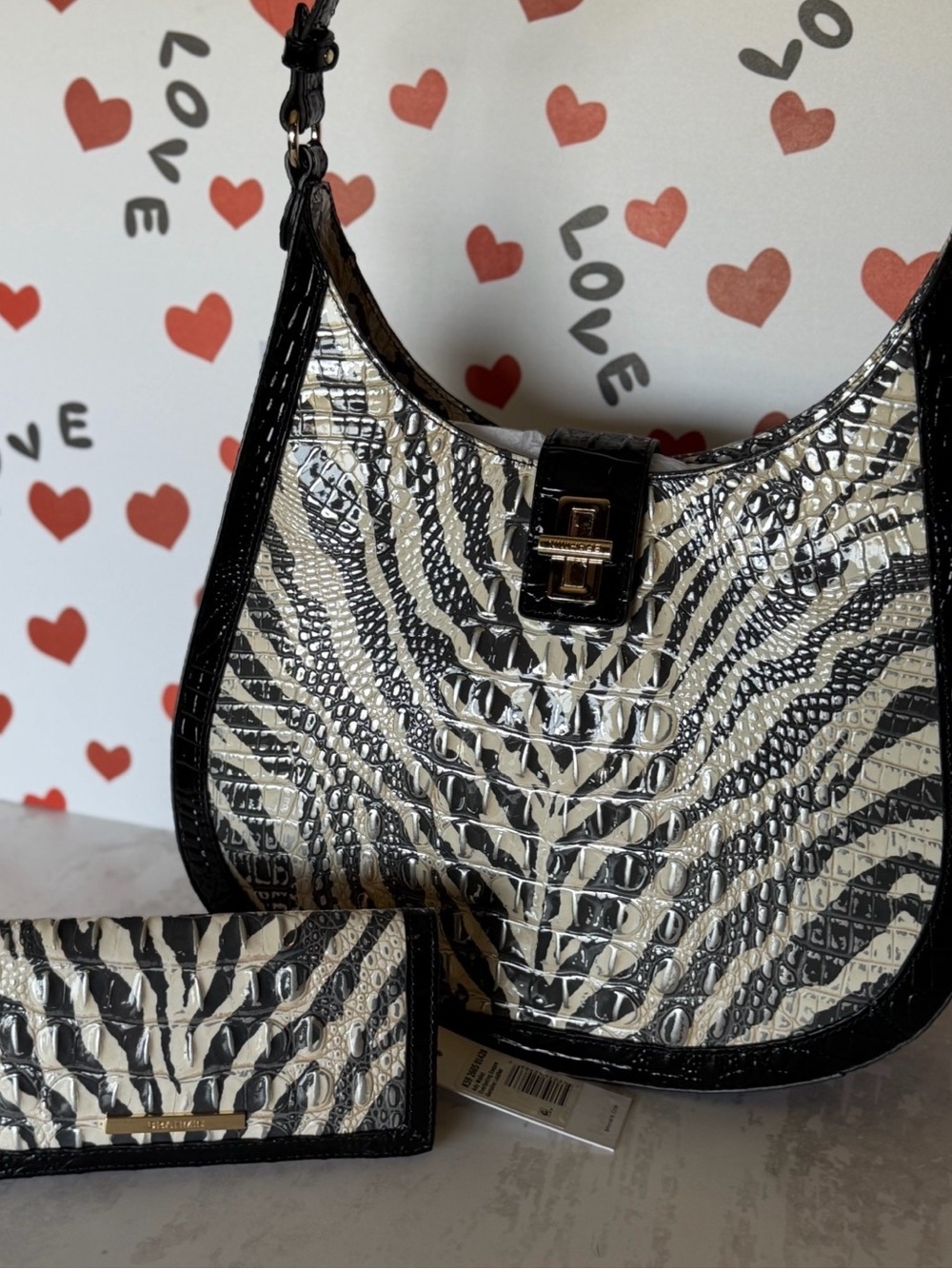 Zebra-Print Croc-Embossed Shoulder Bag with Matching Wallet - Black & Cream - Picture 4 of 12
